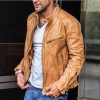 Refined Leather Jacket for Men with Stand Collar