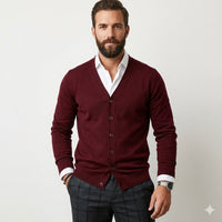 Refined Tailored V Neck Cardigan for Men with Ribbed Cuffs